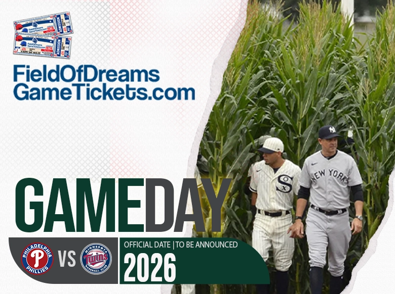 Field of Dreams Game 2026 — Phillies vs Twins, Dyersville IA Field of Dreams 2026 — Minnesota Twins vs Philadelphia Phillies graphic